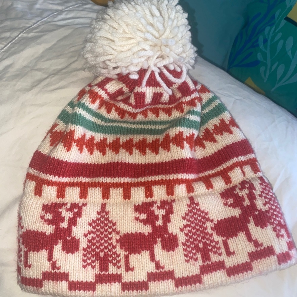 VTG OBERMEYER ski hat Fairisle Pom Pom kids ski hat cap red thick winter rare